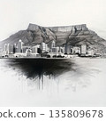 an AI Image Generator, Scenic Urban Landscape with Mountain Backdrop Sketched in Artistic 135809678