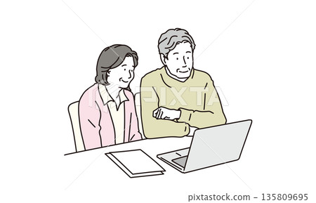 Illustration material of a senior couple looking at a computer side by side Illustration material of a senior couple looking at a computer side by side 135809695