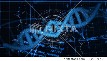 Displaying DNA helix rotating within blue grid matrix, with HUD overlay and numeric annotations Displaying DNA helix rotating within blue grid matrix, with HUD overlay and numeric annotations 135809735