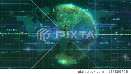 Displaying data globe rotating in grid matrix, with world map silhouette and numeric streams Displaying data globe rotating in grid matrix, with world map silhouette and numeric streams 135809736
