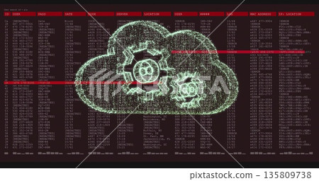Floating dotted-line cloud icon over dark red text columns with red scan lines, [REDACTED] gears 135809738