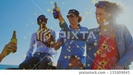 Toasting friends wearing casual summer attire at boat stern by sea, with glass beer bottles 135809845