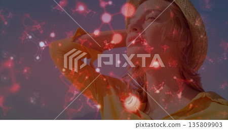 Woman in straw hat, yellow blouse tilting head against clear sky, red network patterns, copy space Woman in straw hat, yellow blouse tilting head against clear sky, red network patterns, copy space 135809903