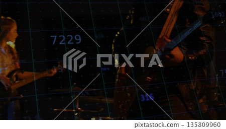 Band performing on dimly lit stage, with bass and guitars, drums, mics and numeric grid overlay Band performing on dimly lit stage, with bass and guitars, drums, mics and numeric grid overlay 135809960