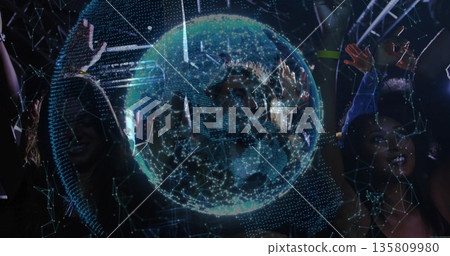 Dancing crowd raising hands at dark music venue with holographic globe and laser lights Dancing crowd raising hands at dark music venue with holographic globe and laser lights 135809980