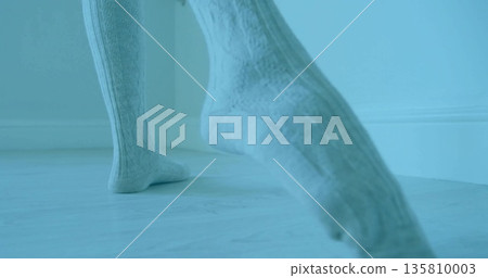 Lifting adult woman's feet in thick knit socks on pale wooden floor near white baseboard 135810003