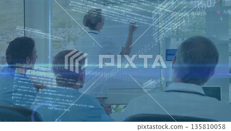 female doctor wearing lab coat writing notes on whiteboard in conference room, with binary overlay 135810058