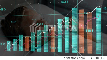 Sleeping child boy lying on pillow in bedroom, with pajamas and financial data overlay, copy space 135810162