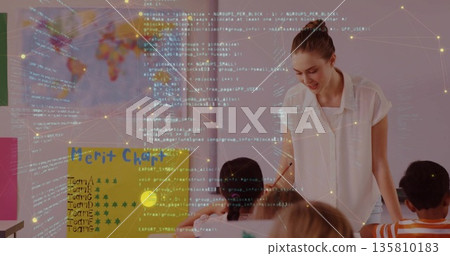 Guiding instructor leaning over pupils in classroom, with code and merit chart overlay, copy space 135810183