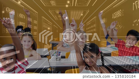 Raising hands nine students volunteering answers in bright classroom, with desks and data overlays Raising hands nine students volunteering answers in bright classroom, with desks and data overlays 135810184