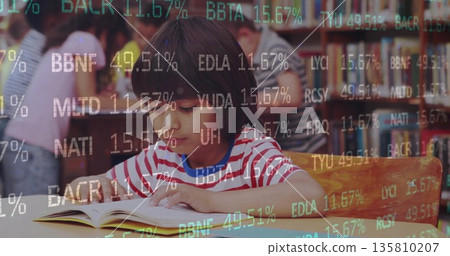 Reading boy in red-and-white t-shirt holding book at library table, with financial ticker overlay Reading boy in red-and-white t-shirt holding book at library table, with financial ticker overlay 135810207