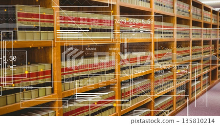 Displaying wooden bookshelf filled with bound volumes at library, with digital interface graphics 135810214