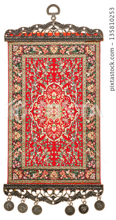Antique-style red mini tapestry with hanger, Persian rug-style ornament, cutout material 135810253