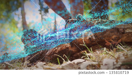 Stepping sneakered foot onto decaying log on forest floor in outdoor pants amid digital particles 135810719