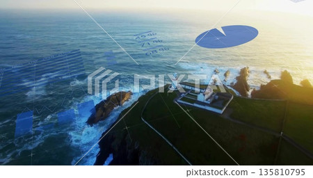 Displaying lighthouse and keeper's house sitting on rocky cliff at sunset, with digital graphs Displaying lighthouse and keeper's house sitting on rocky cliff at sunset, with digital graphs 135810795