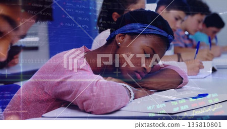 Resting African American girl in pink top leaning on white desk in classroom, with blue pens Resting African American girl in pink top leaning on white desk in classroom, with blue pens 135810801