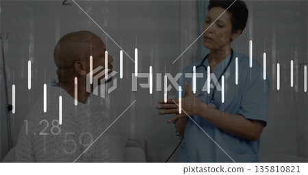Sitting patient on hospital bed listening to nurse gesturing, with stethoscope and bar charts Sitting patient on hospital bed listening to nurse gesturing, with stethoscope and bar charts 135810821