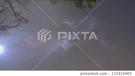 Displaying night sky in forest clearing with nebula band and bright planet over leafy branches 135810905