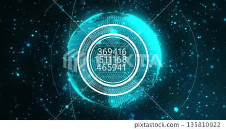 Displaying holographic globe showing numerical readout in 3D space, with HUD elements and particles Displaying holographic globe showing numerical readout in 3D space, with HUD elements and particles 135810922