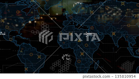 Displaying world map on digital display in control room, with hexagon clusters, colored data nodes Displaying world map on digital display in control room, with hexagon clusters, colored data nodes 135810954