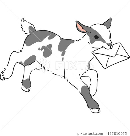 Hand-drawn illustration of a running baby goat holding a letter Hand-drawn illustration of a running baby goat holding a letter 135810955