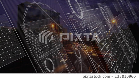 Hovering data panels overlaying street at night, with currency tables, gauges and streetlights Hovering data panels overlaying street at night, with currency tables, gauges and streetlights 135810960