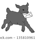 手繪插圖，一隻奔跑的黑色小山羊手裡拿著一封信 135810961