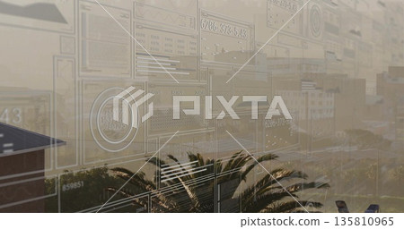 Displaying interface panels overlaying office view with charts gauges displays buildings and palms Displaying interface panels overlaying office view with charts gauges displays buildings and palms 135810965
