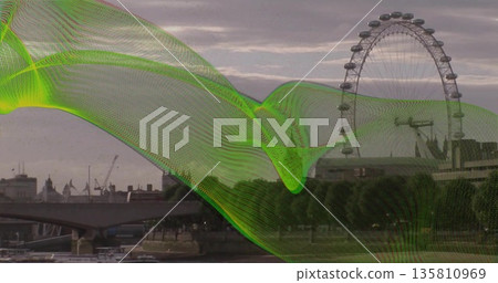 Rotating observation wheel above riverside with bridge and green digital overlay, copy space Rotating observation wheel above riverside with bridge and green digital overlay, copy space 135810969