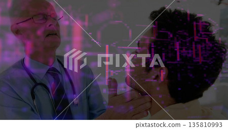 Doctor with stethoscope, tie, glasses examining patient throat in clinic with circuit overlay 135810993