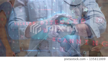 Man in denim shirt checking smartwatch in brick room with holographic globe, code streams, warning 135811009