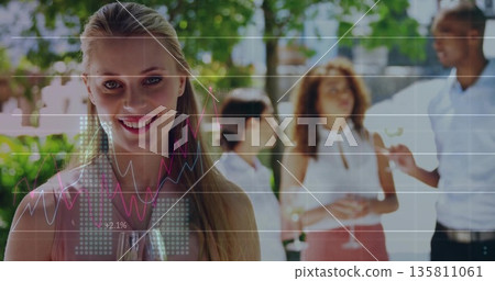 Blonde woman holding wine glass and chatting with colleagues in garden, chart overlay, copy space Blonde woman holding wine glass and chatting with colleagues in garden, chart overlay, copy space 135811061