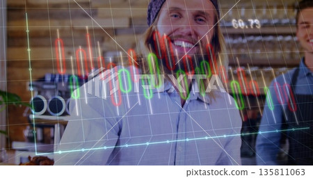 Pointing bearded man in beanie analyzing chart in kitchen with shelves, cups and espresso maker Pointing bearded man in beanie analyzing chart in kitchen with shelves, cups and espresso maker 135811063