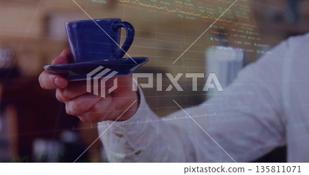 Holding cuffed hand presenting blue ceramic coffee cup with saucer in cafe showing stock charts Holding cuffed hand presenting blue ceramic coffee cup with saucer in cafe showing stock charts 135811071