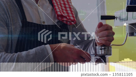 Barista in apron tamping portafilter on cafe counter, with espresso machine and towel Barista in apron tamping portafilter on cafe counter, with espresso machine and towel 135811105