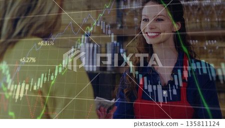 Serving barista wearing red apron engaging guest at coffee shop, with chart overlay, copy space Serving barista wearing red apron engaging guest at coffee shop, with chart overlay, copy space 135811124
