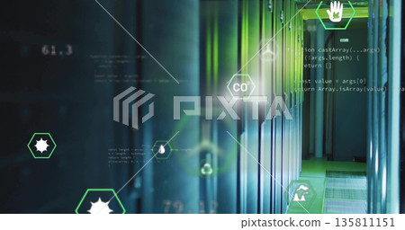 Illuminating server cabinets emitting green glow in data center corridor, with hex icons and code 135811151