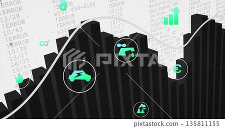 Displaying black bar chart with gray curved line overlay on white with gray text, green icons 135811155