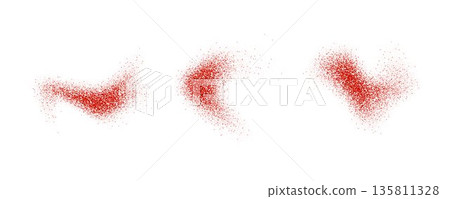 Red pepper powder splashes set. Mexican seasoning particles burst. Paprika dust sand and dirt textured piles. Flying saffron and pink pepper flakes scattered on surface. Dry spicy explosion. Vector Red pepper powder splashes set. Mexican seasoning particles burst. Paprika dust sand and dirt textured piles. Flying saffron and pink pepper flakes scattered on surface. Dry spicy explosion. Vector 135811328