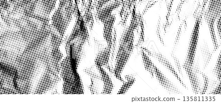Aged halftone wrinkled foil overlay. Dotted crumpled metallic texture. Grainy cartoon gritty paper wallpaper. Old rough creased bitmap background. Pixel creasy surface in comic pop art style. Vector 135811335