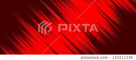 Red dynamic halftone background. Rough dotted diagonal pattern effect. Abstract jagged tilted stripes wallpaper. Grunge comic speed lines backdrop. Hot fire bright sport banner design template. Vector 135811336