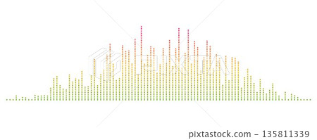 Green yellow abstract equalizer shape design. Dotted music sound wave element. Audio radio signal visualization concept. Shining digital voice assistant line pattern. Song track sample player. Vector 135811339