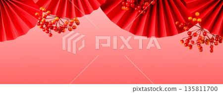Colorful red paper fans and berries create a festive backdrop Colorful red paper fans and berries create a festive backdrop 135811700