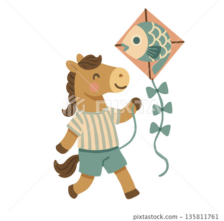 Illustration of a horse flying a kite 135811761