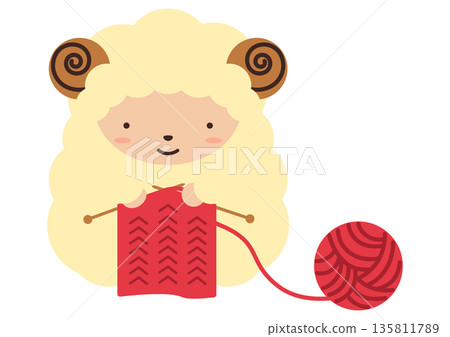 Illustration material of a cute sheep knitting Illustration material of a cute sheep knitting 135811789