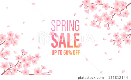 Cherry blossom spring sale banner advertising design with text "SPRING SALE 50% OFF" Cherry blossom spring sale banner advertising design with text "SPRING SALE 50% OFF" 135812144