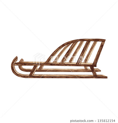 Vintage wooden sled. Hand-drawn watercolor illustration. Winter activities for children. Isolate. Element of your design. Perfect for postcards, posters, banners, packaging, and more. 135812154