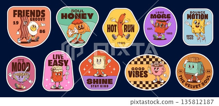 Breakfast characters groovy label stickers, funky food personages retro patches. Vector scrambled eggs with bacon, smiling croissant, waving sausage, cheerful coffee cup, toaster, noodle, and jam jar Breakfast characters groovy label stickers, funky food personages retro patches. Vector scrambled eggs with bacon, smiling croissant, waving sausage, cheerful coffee cup, toaster, noodle, and jam jar 135812187