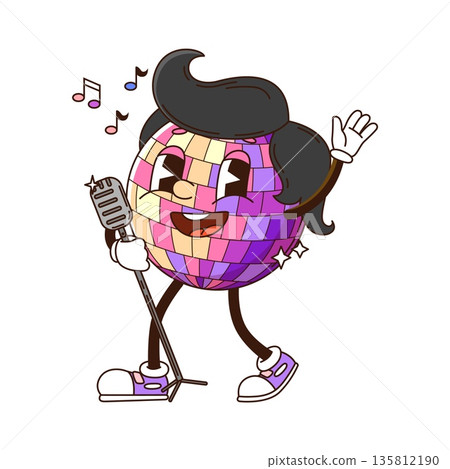 Disco ball groovy funky hippie character with funny face, cartoon vector comic personage. Groovy disco ball with 70s or 80s haircut, dancing and singing song notes with microphone in good vibes Disco ball groovy funky hippie character with funny face, cartoon vector comic personage. Groovy disco ball with 70s or 80s haircut, dancing and singing song notes with microphone in good vibes 135812190