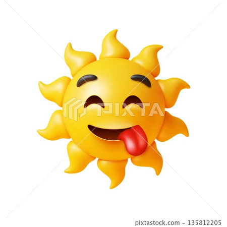 3D sun character or yellow sunny emoji with summer happy face, cartoon vector icon. 3D sun emoji or smile emoticon with silly tongue out tease expression, comic funny sun character with cheerful shine 135812205